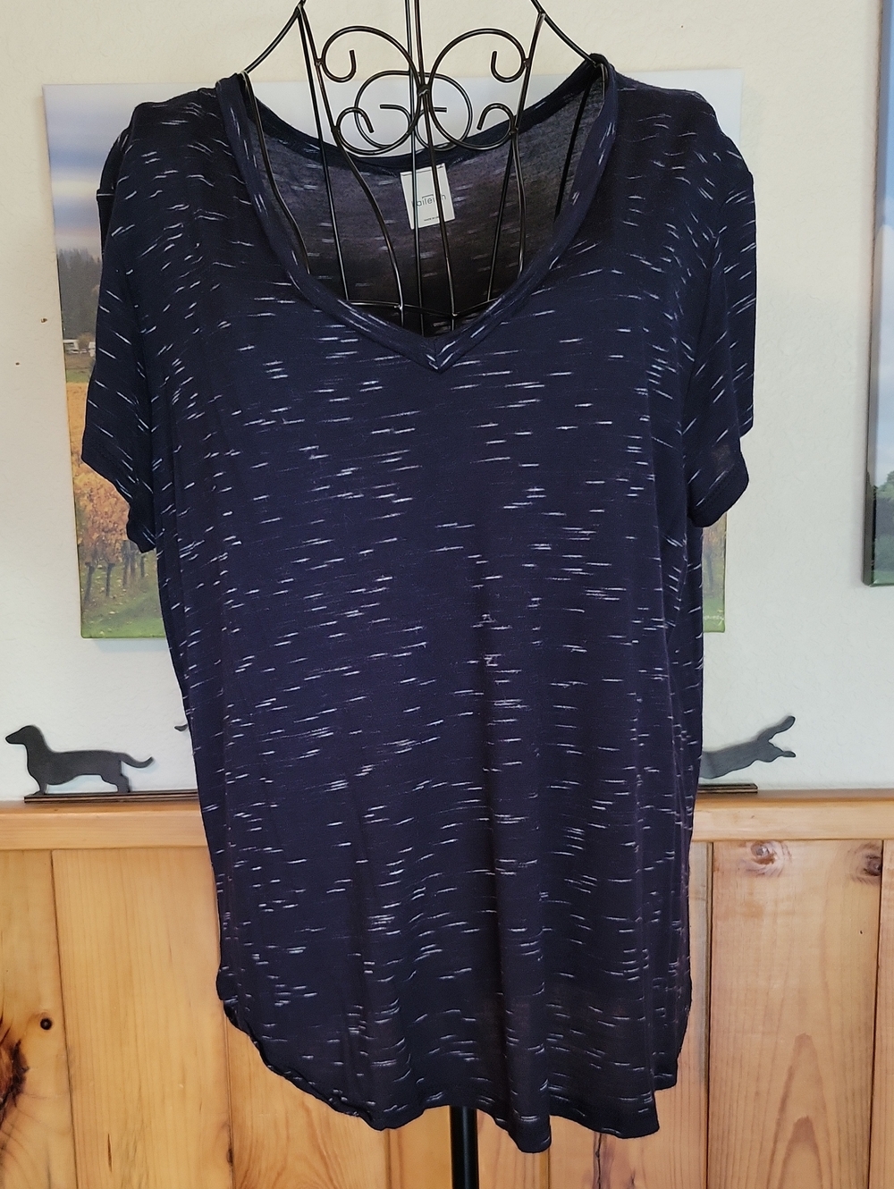 Kaileigh Navy V-Neck Short Sleeve Tee with White Speckle Print